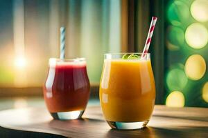 two glasses of juice with straws on a table. AI-Generated photo