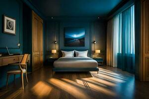 a bedroom with blue walls and wooden floors. AI-Generated photo