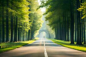 un largo la carretera mediante un bosque con arboles recubrimiento ambos lados generado por ai foto