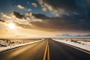 un largo la carretera en el medio de un Nevado paisaje. generado por ai foto