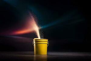 a yellow bucket with sand being poured into it. AI-Generated photo