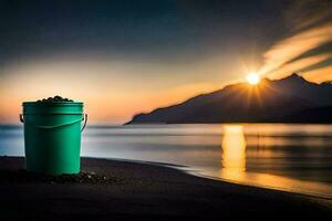 a bucket of sand on the beach at sunset. AI-Generated photo