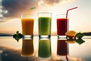 three glasses of juice with a sunset in the background. AI-Generated photo