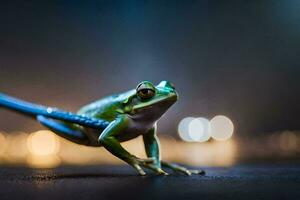 a frog on a leash with a light background. AI-Generated photo