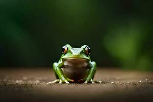 a frog sitting on the ground with a green background. AI-Generated photo