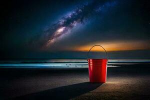 a red bucket on the beach at night with the milky in the background. AI-Generated photo