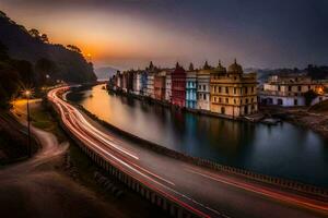 a river in india with buildings and cars passing by. AI-Generated photo