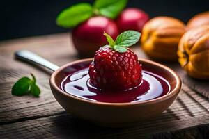 a bowl of raspberry jam with a spoon on a wooden table. AI-Generated photo