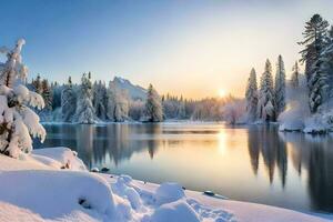 a winter landscape with snow covered trees and a lake. AI-Generated photo