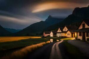 photo wallpaper the sky, clouds, mountains, house, road, the countryside, norway,. AI-Generated