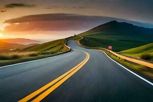 un la carretera con un puesta de sol en el antecedentes. generado por ai foto