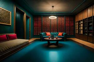 the room has a blue carpet and a couch. AI-Generated photo