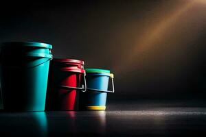 three colorful buckets on a dark background. AI-Generated photo