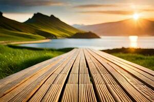 a wooden boardwalk leads to the sun setting over a lake. AI-Generated photo