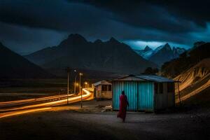 a woman walks down the road in front of a shack in the middle of a mountain. AI-Generated photo