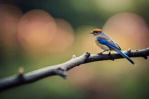 a blue and orange bird sits on a branch. AI-Generated photo