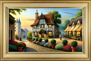 a painting of a street scene with houses and flowers. AI-Generated photo