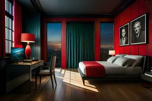 un dormitorio con rojo paredes y un cama. generado por ai foto