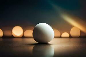 an egg sitting on a table in front of a blurry background. AI-Generated photo