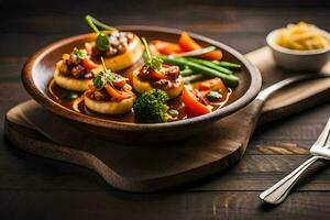 a bowl of scallops with vegetables and meat. AI-Generated photo