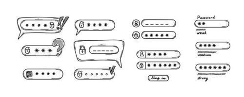 Verification doodle. Password weak, medium and strong interface. Login icon. Cybersecurity hand drawn concept. Personal data access lock. vector