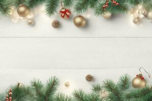 christmas graphic with large space for text pine branches and decorations photo