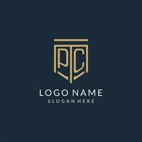 Initial PC shield logo monoline style, modern and luxury monogram logo design vector