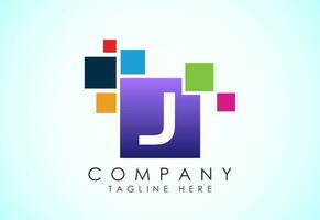 English alphabet J with data pixel. Creative technological modern data pixel logo vector