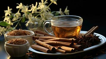 Cup of delicious hot herbal tea with cinnamon on the table photo