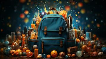 School backpack for textbooks pens pencils books and other educational supplies for learning, back to school concept photo