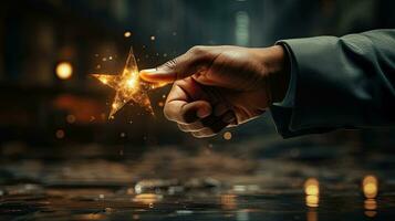 A man touches an abstract glowing magic star with his hand, the concept of getting a star from the sky, doing a romantic impossible deed photo