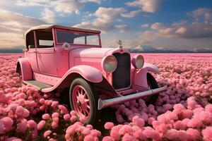 classic natural background clean look pink car picture pink flower field Generative AI photo