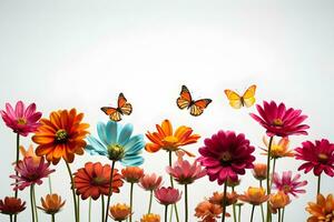 Flowers butterflies colorful white background photography 4K virtual high resolution Generative AI photo