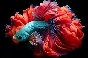 Small brightly colored betta fish isolated black background Generative A photo