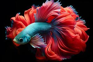 pequeño brillantemente de colores Betta pescado aislado negro antecedentes generativo un foto