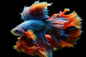 Small brightly colored betta fish isolated black background Generative A photo