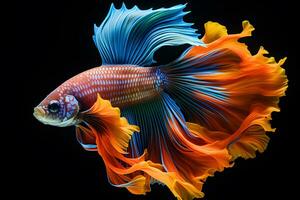 Small brightly colored betta fish isolated black background Generative A photo