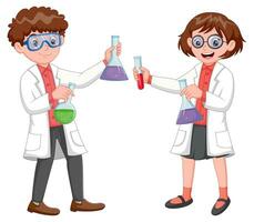 Cartoon boy and girl holding test tubes. Vector illustration