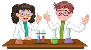 Two students do research in the laboratory. Vector illustration