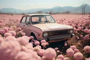 classic natural background clean look pink car picture pink flower field Generative AI photo