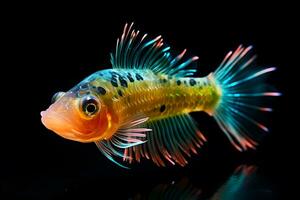 Small brightly colored goby fish isolated on black background Generative AI photo