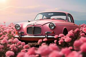 classic natural background clean look pink car picture pink flower field Generative AI photo