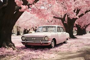 classic natural background clean look pink car picture pink flower field Generative AI photo