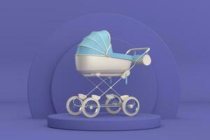 Modern Blue Baby Carriage, Stroller, Pram over Violet Very Peri Cylinders Products Stage Pedestal. 3d Rendering photo