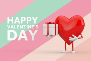 Happy Valentine's Day Concept. Red Heart Cartoon Person Character Holding Gift Box with Valentine's Day Sign. 3d Rendering photo