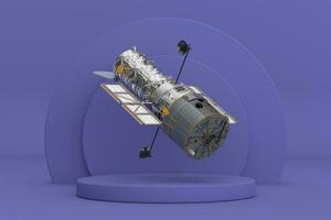 Space Telescope Hubble over Violet Very Peri Cylinders Products Stage Pedestal. 3d Rendering photo