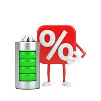 Sale or Discount Percent Sign Person Character Mascot with Abstract Charging Battery. 3d Rendering photo