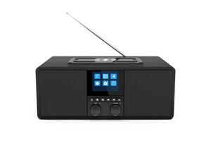 Black Portable Smart Wireless Speaker for Music. Smart device for Online Audio with Radio and Smartphone Wireless Charger. 3d Rendering photo