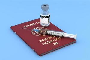 covid-19 vacuna frasco medicina fármaco botella con jeringuilla y inmunidad pasaporte. 3d representación foto