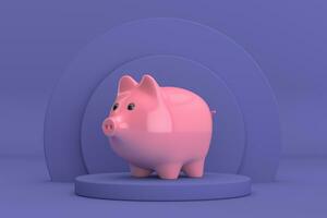 Pink Piggy Bank over Violet Very Peri Cylinders Products Stage Pedestal. 3d Rendering photo